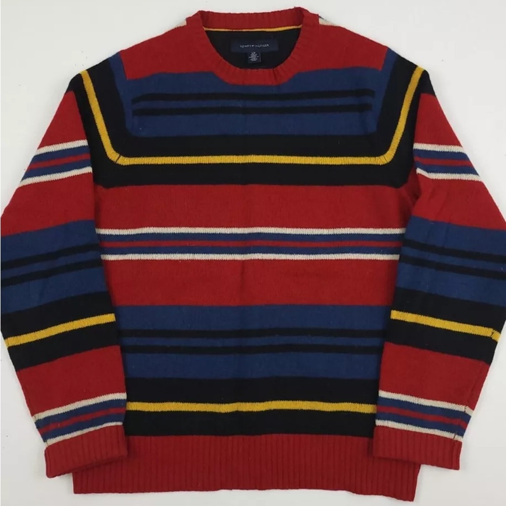 Tommy Hilfiger Lambswool Red Multicolor Stripe Knit Sweater (Vintage)